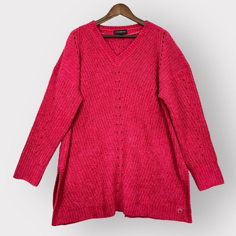 Lane Bryant Pullover Tunic Sweater Women 18/20 Red Knit V-Neck 3/4 Sleeve Thick